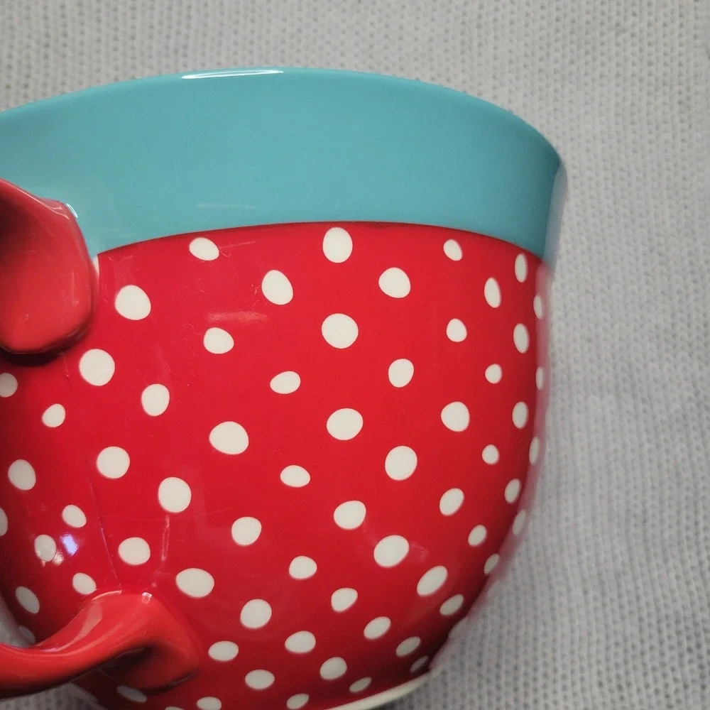 Pioneer Woman Red Polka Dot Turquoise Rim Stoneware Mixing Bowl Spout Handle